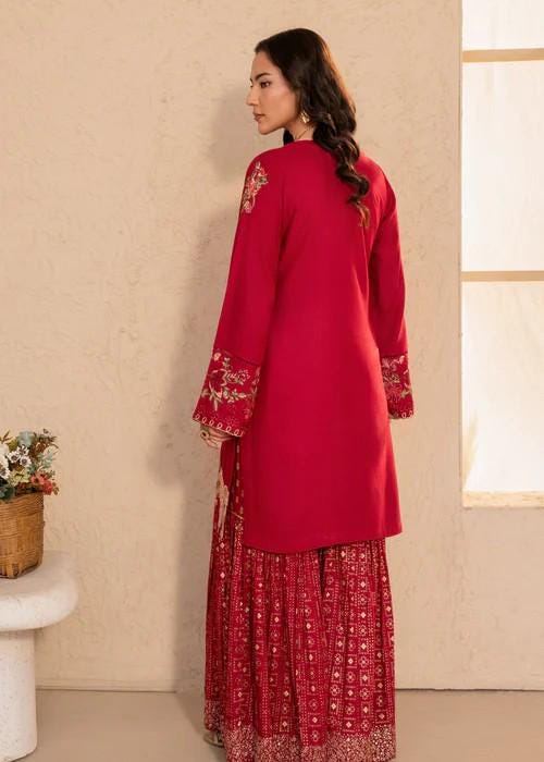 2 Piece Embroidered Linen Gharara Suit - Maroon