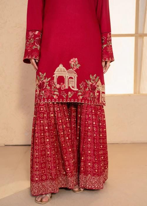 2 Piece Embroidered Linen Gharara Suit - Maroon
