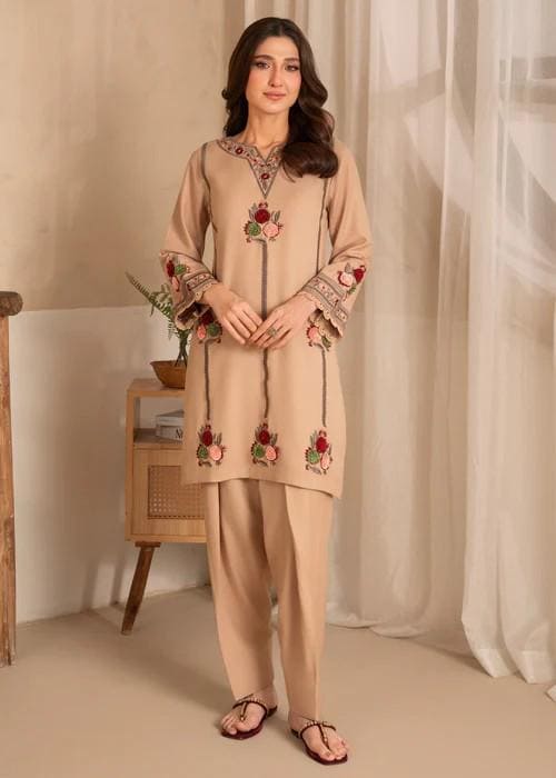 2 Piece Embroidered Linen Shalwar Suit - Beige