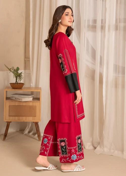 2 Piece Embroidered Linen Palazzo Suit - Crimson Red