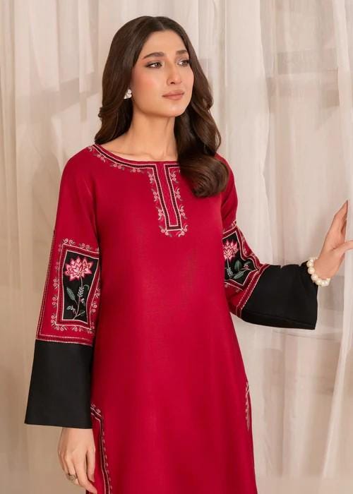 2 Piece Embroidered Linen Palazzo Suit - Crimson Red