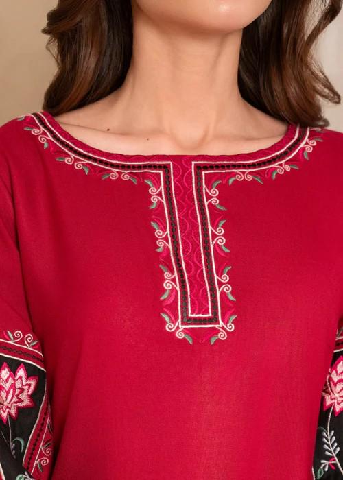 2 Piece Embroidered Linen Palazzo Suit - Crimson Red
