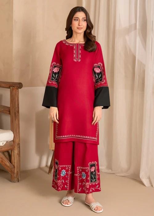2 Piece Embroidered Linen Palazzo Suit - Crimson Red