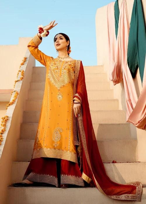 3 Piece Embroidered Raw Silk Suit - Golden Tilla and Sequin Work