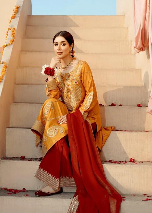 3 Piece Embroidered Raw Silk Suit - Golden Tilla and Sequin Work