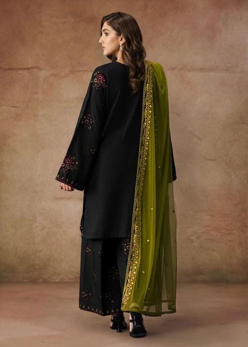Embroidered Linen Suit - Black - Chiffon Dupatta