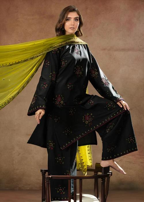 Embroidered Linen Suit - Black - Chiffon Dupatta