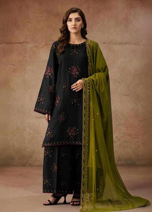 Embroidered Linen Suit - Black - Chiffon Dupatta