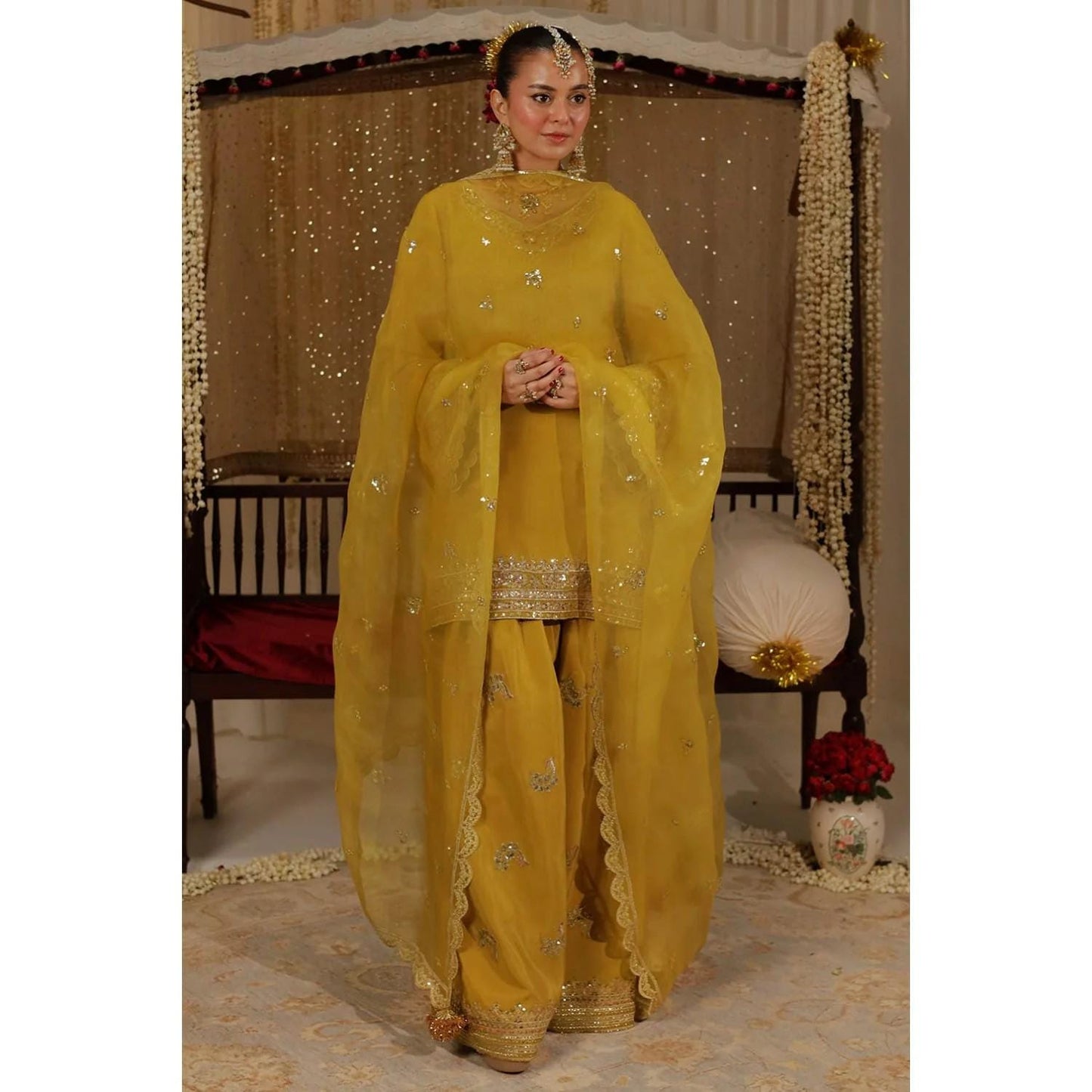 3 Piece Embroidered Raw Silk Farshi Shalwar Suit - Mustard & Gold