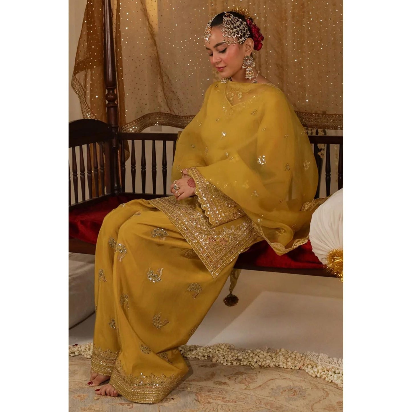 3 Piece Embroidered Raw Silk Farshi Shalwar Suit - Mustard & Gold