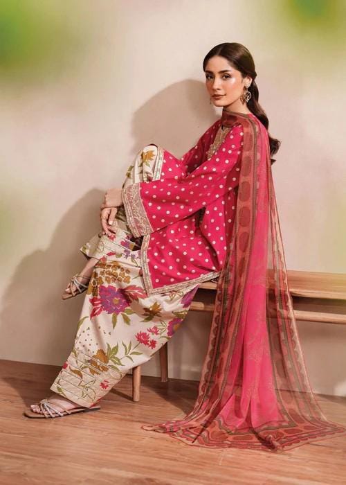 3 Piece Embroidered Pink Cotton Suit - Chiffon Dupatta