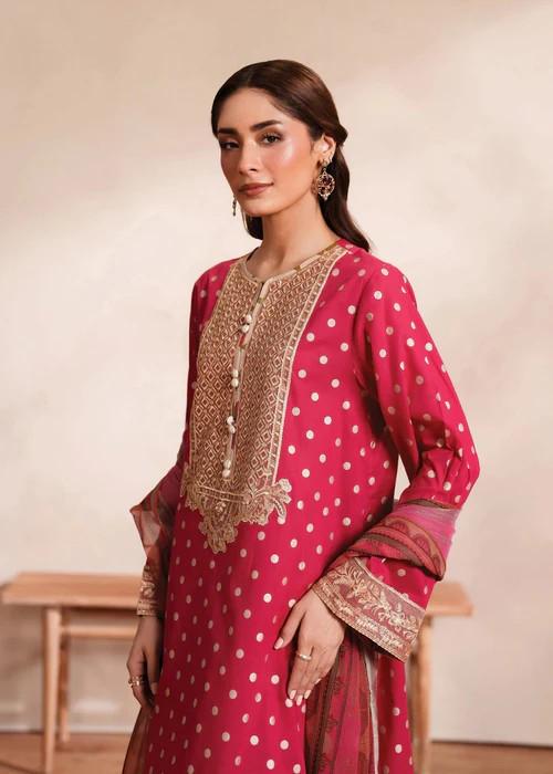 3 Piece Embroidered Pink Cotton Suit - Chiffon Dupatta