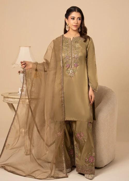 Embroidered Silk Farshi Shalwar Suit with Organza Dupatta - 3 Piece - Tan Brown