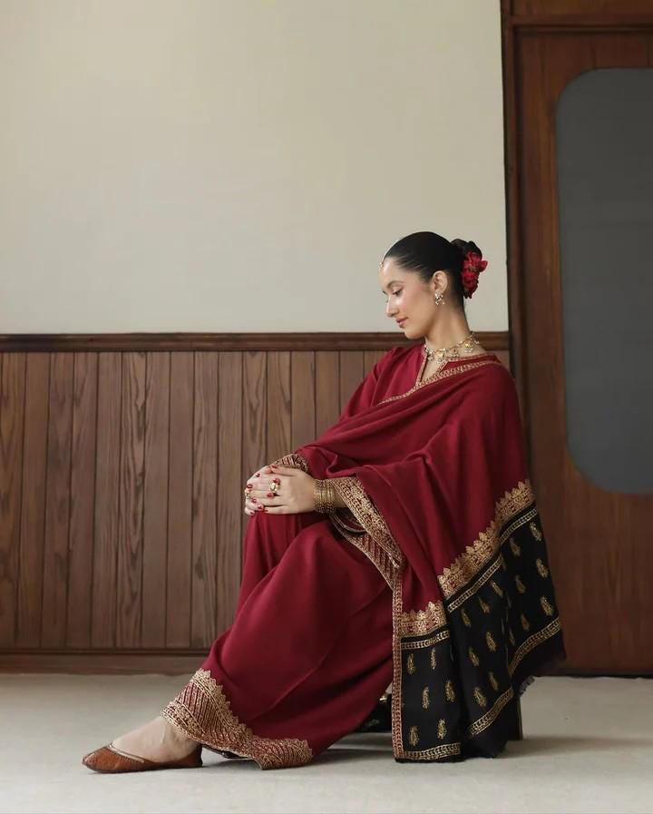 3 Piece Gold Embroidered Cotton-Blend Suit - Red