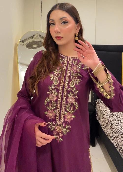 Embroidered Silk Farshi Shalwar Suit with Organza Dupatta - 3 Piece - Plum Purple