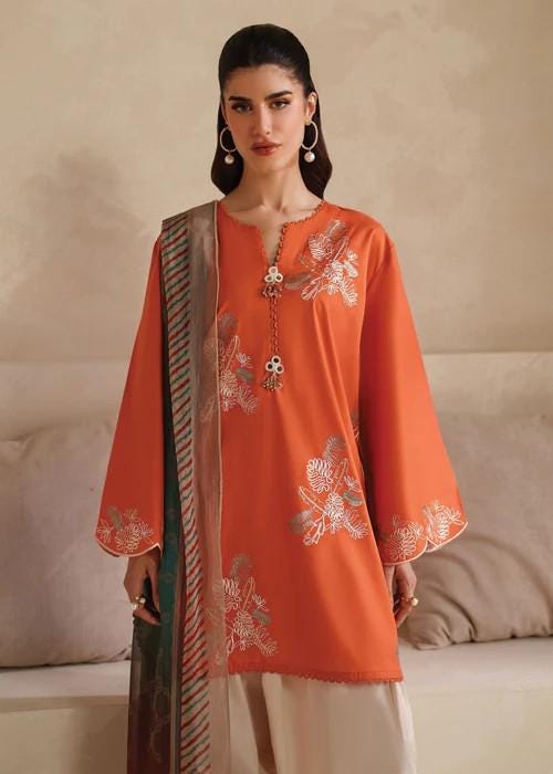 3 Piece Embroidered Rust & Beige Cotton Suit - Chiffon Dupatta