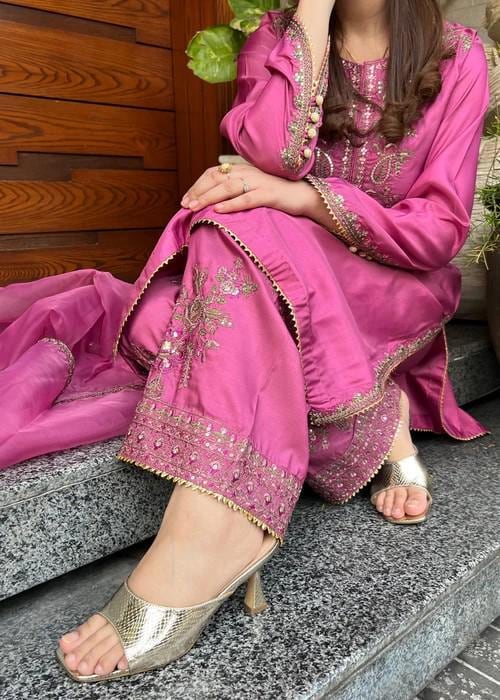Embroidered Silk Farshi Shalwar Suit with Organza Dupatta - 3 Piece - Zinnia Pink