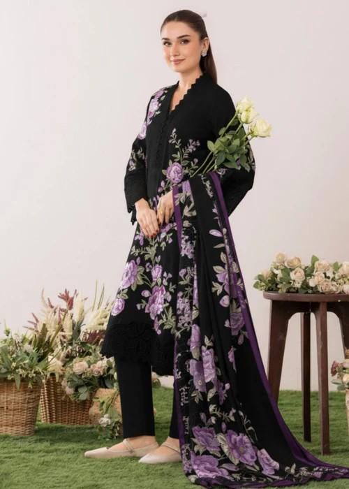 3 piece - Embroidered Khaddar (Khaadi) Suit -  Full Lilac Embroidery on Black