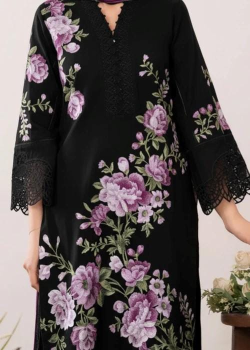 3 piece - Embroidered Khaddar (Khaadi) Suit -  Full Lilac Embroidery on Black