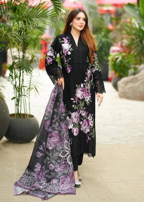 3 piece - Embroidered Khaddar (Khaadi) Suit -  Full Lilac Embroidery on Black
