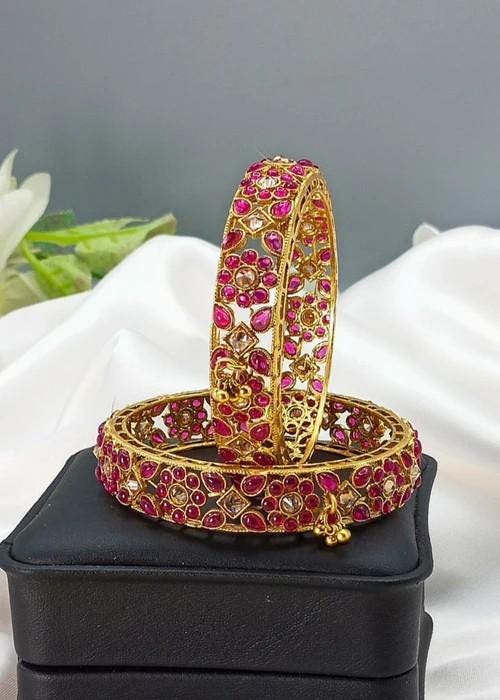 Ruby Red Gold Plated Bangles Pair (Kara) - 2.6 & 2.8
