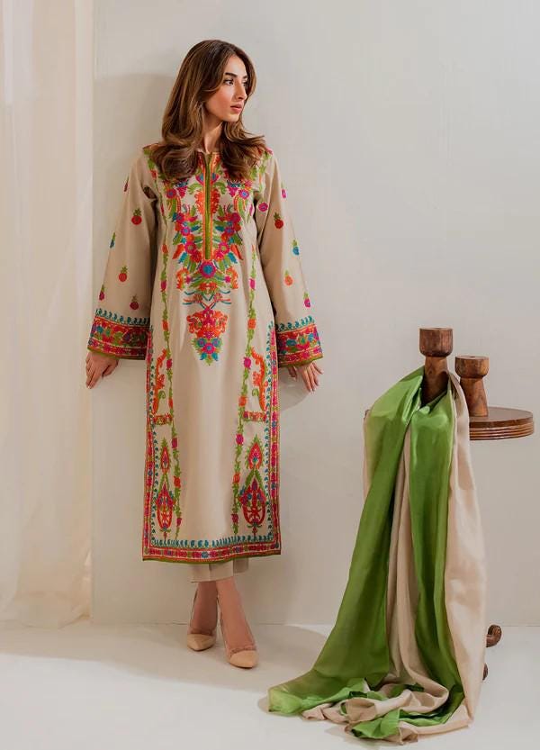 3 piece - Embroidered Linen Suit with Chiffon Dupatta
