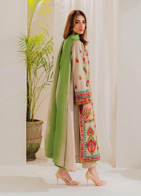 3 piece - Embroidered Linen Suit with Chiffon Dupatta