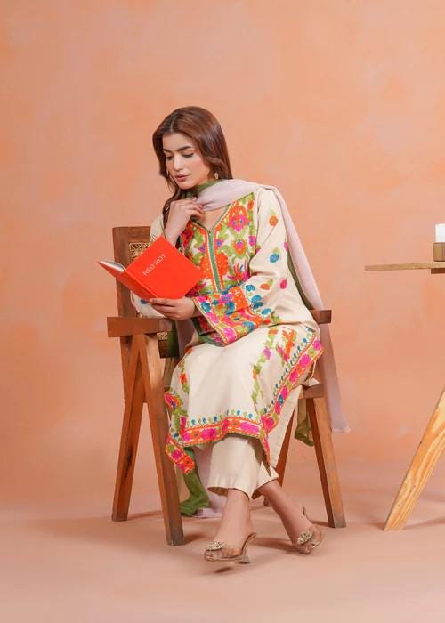 3 piece - Embroidered Linen Suit with Chiffon Dupatta