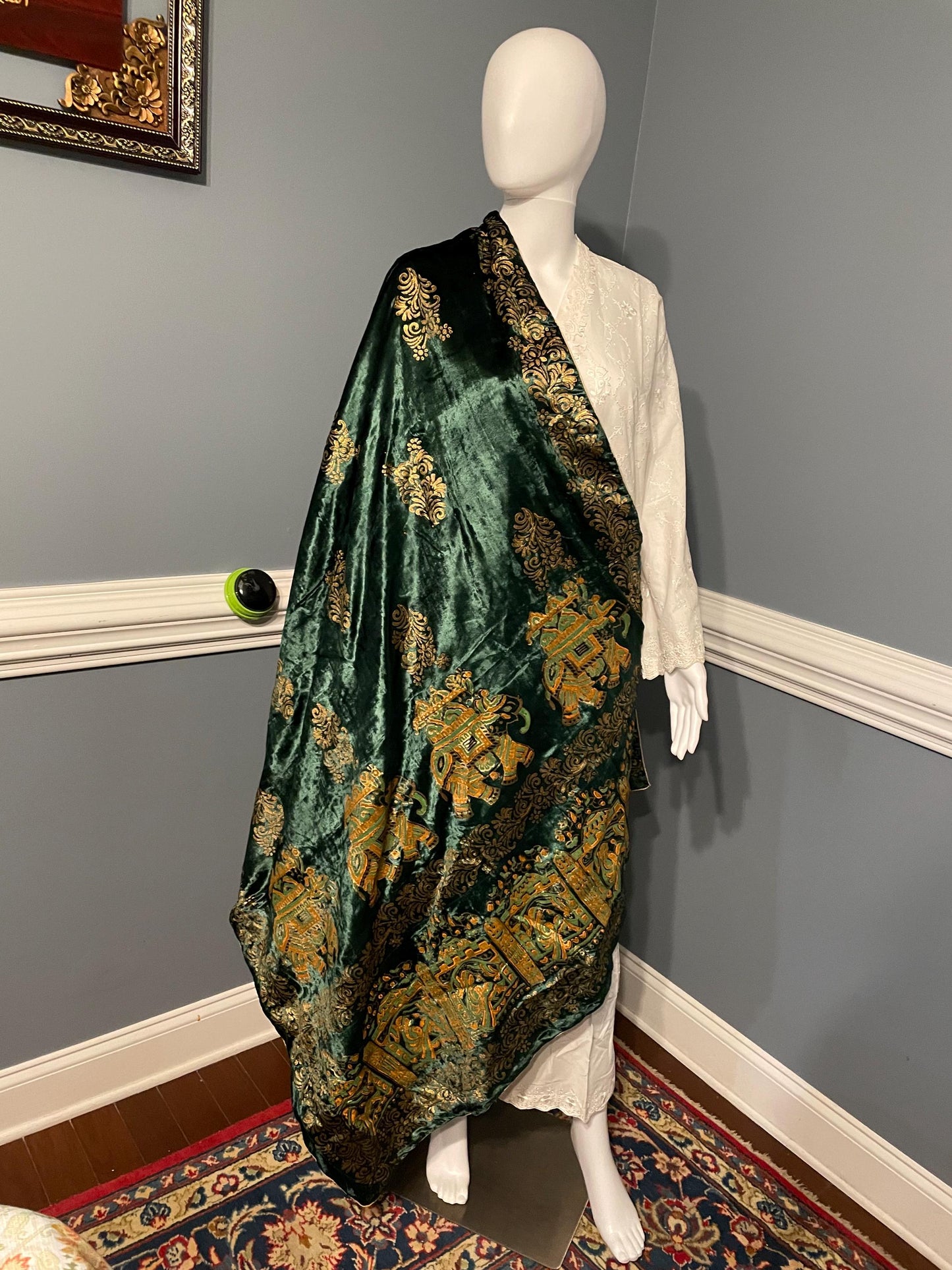 Handmade Block Print Micro Velvet Lightweight Shawl - Green - Elephants Design