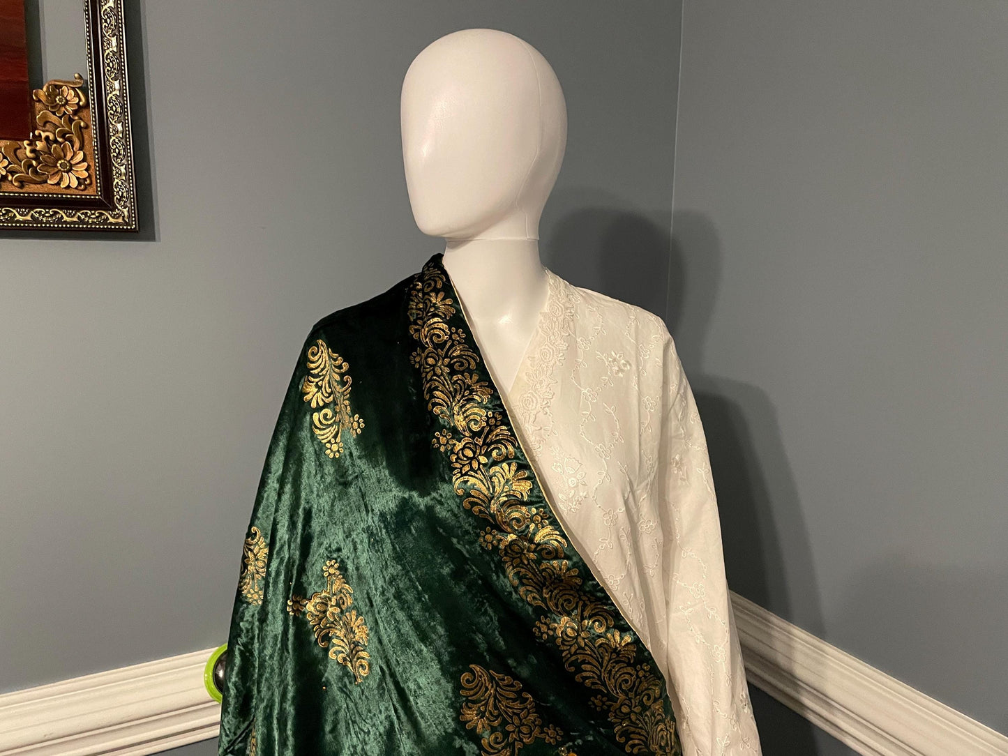 Handmade Block Print Micro Velvet Lightweight Shawl - Green - Elephants Design