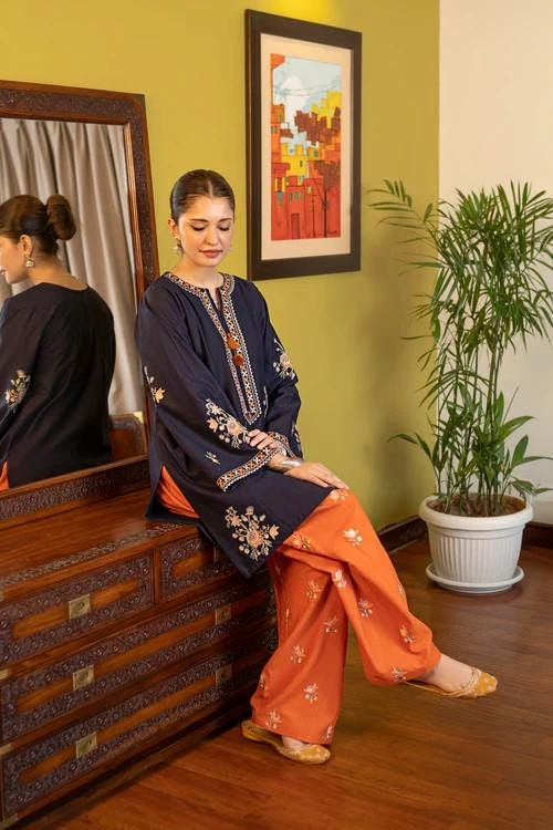 2 piece - Embroidered Soft Khaddar Farshi Shalwar Suit - Sunset Orange & Aegean Blue