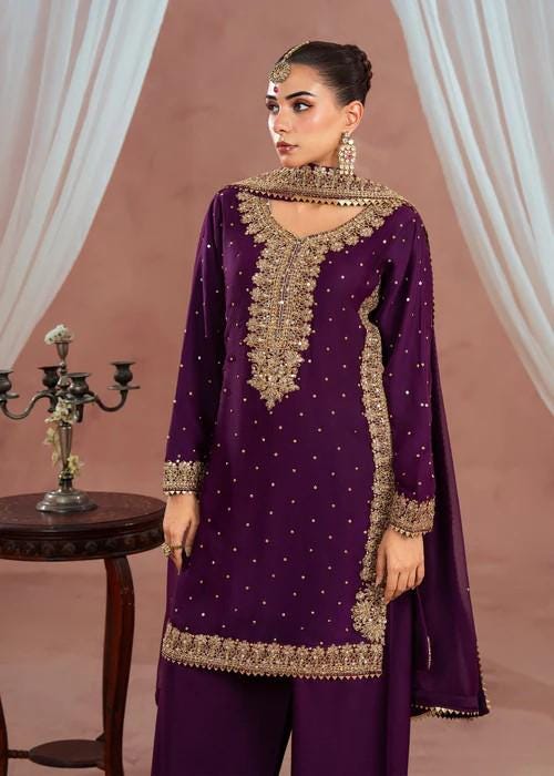 3 Piece Golden Embroidered Farshi Shalwar Chiffon Suit - Plum