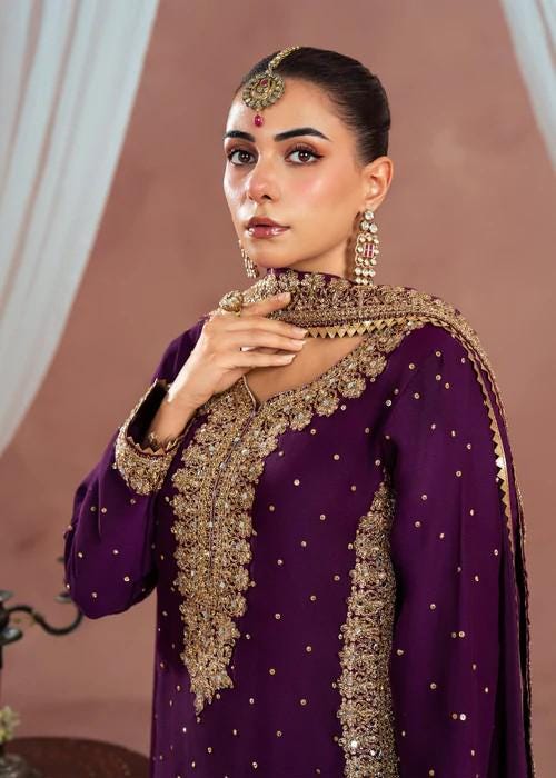 3 Piece Golden Embroidered Farshi Shalwar Chiffon Suit - Plum