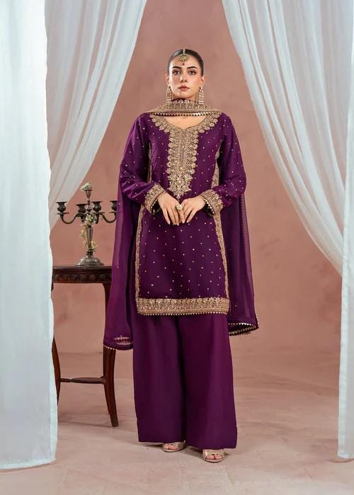 3 Piece Golden Embroidered Farshi Shalwar Chiffon Suit - Plum