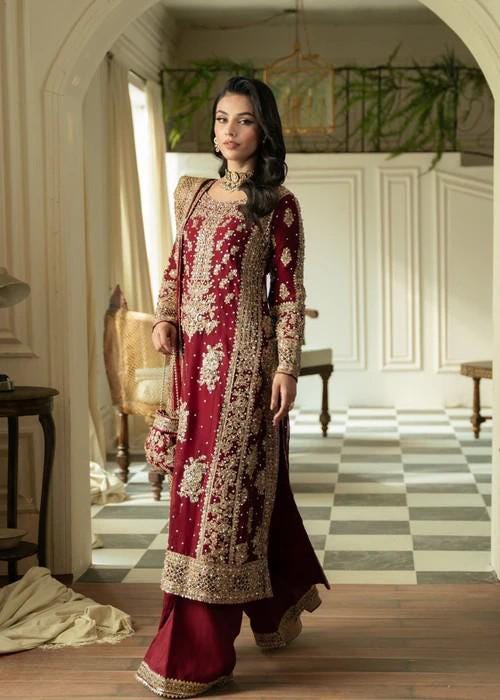 4 Piece Golden Maroon Embroidered Chiffon Suit - Maroon with Potli Bag