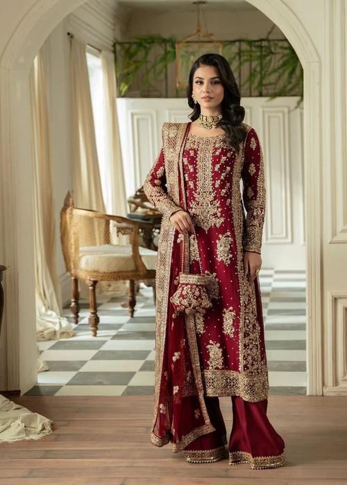 4 Piece Golden Maroon Embroidered Chiffon Suit - Maroon with Potli Bag
