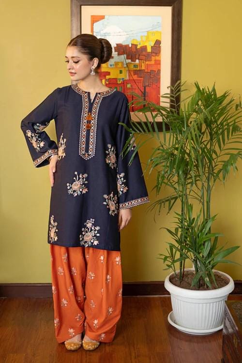 2 piece - Embroidered Soft Khaddar Farshi Shalwar Suit - Sunset Orange & Aegean Blue