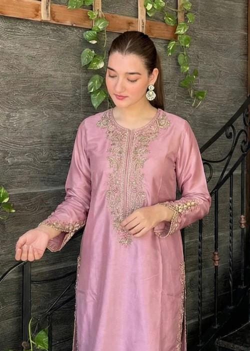 Embroidered Silk Farshi Shalwar Suit with Organza Dupatta - 3 Piece - Mauve Pink