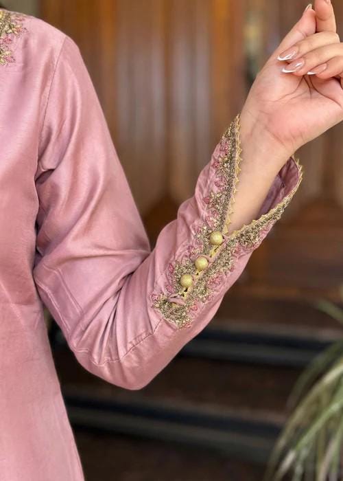 Embroidered Silk Farshi Shalwar Suit with Organza Dupatta - 3 Piece - Mauve Pink