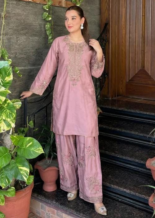 Embroidered Silk Farshi Shalwar Suit with Organza Dupatta - 3 Piece - Mauve Pink