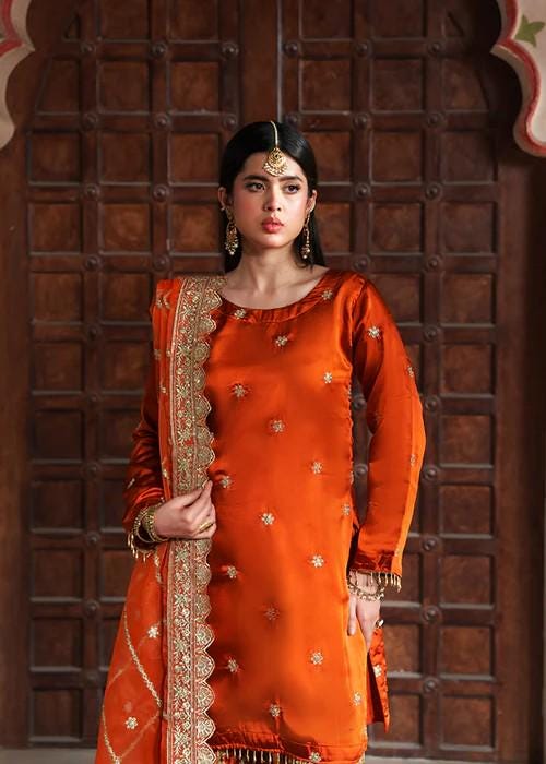3 Piece Embroidered Charmeuse / Shamooz Silk Suit - Zari & Tilla work