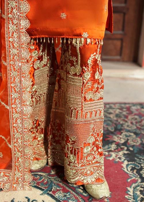 3 Piece Embroidered Charmeuse / Shamooz Silk Suit - Zari & Tilla work
