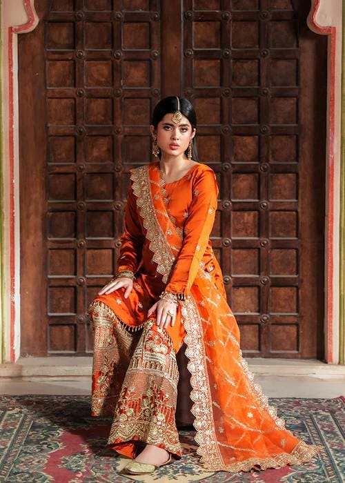 3 Piece Embroidered Charmeuse / Shamooz Silk Suit - Zari & Tilla work