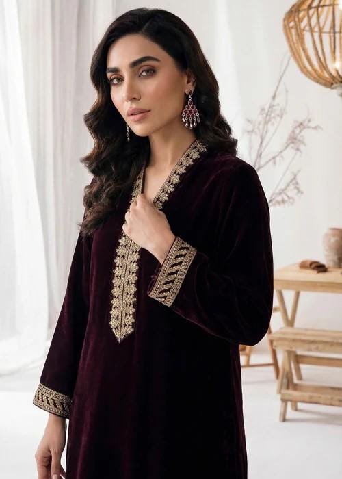 Embroidered Velvet Kurta Set - 2 Piece Designer Wear - Maroon