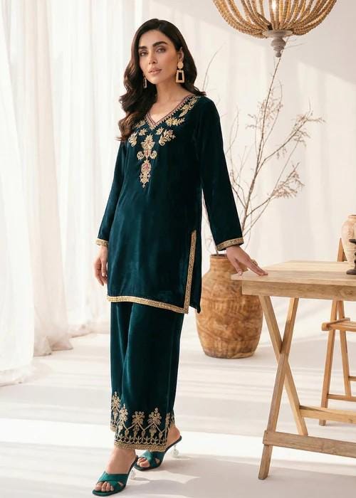 Embroidered Velvet Kurta Set - 2 Piece Designer Wear - Teal