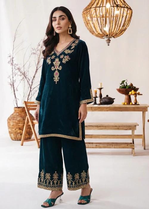 Embroidered Velvet Kurta Set - 2 Piece Designer Wear - Teal
