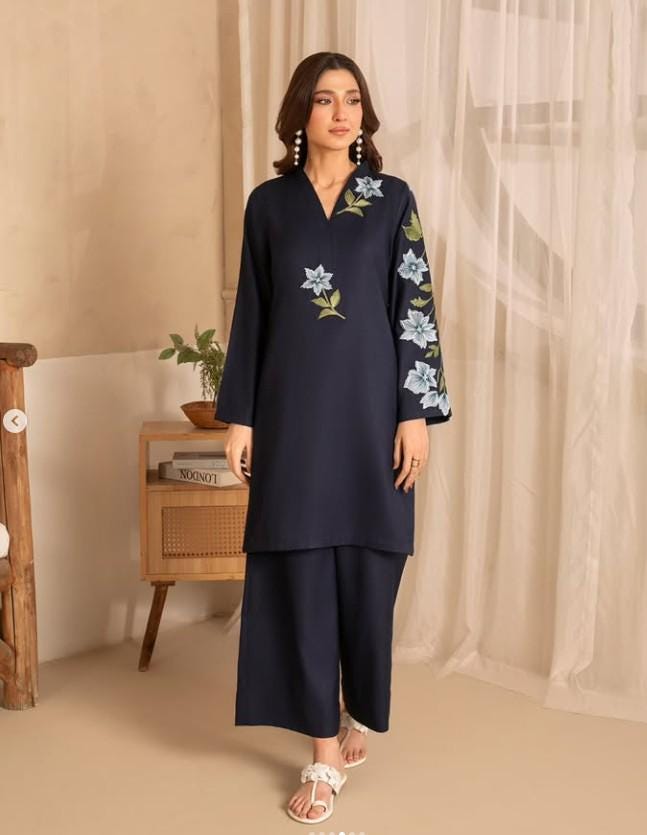 2 Piece Embroidered Linen Suit - Navy Blue