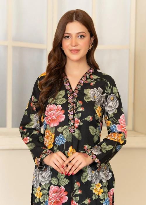 Printed Linen Farshi Shalwar Suit - Black Floral