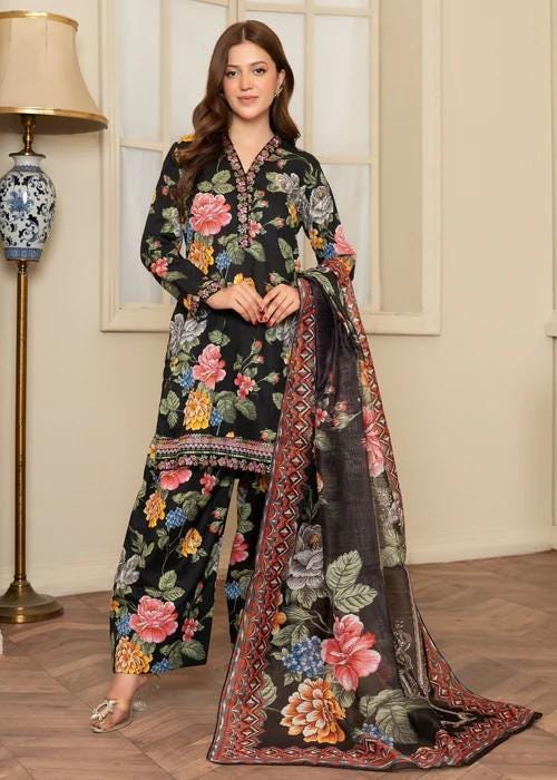 Printed Linen Farshi Shalwar Suit - Black Floral