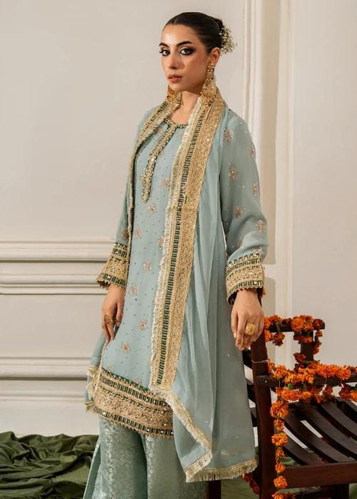 3 Piece Golden Embroidered Chiffon & Raw Silk Suit - Pastel Blue